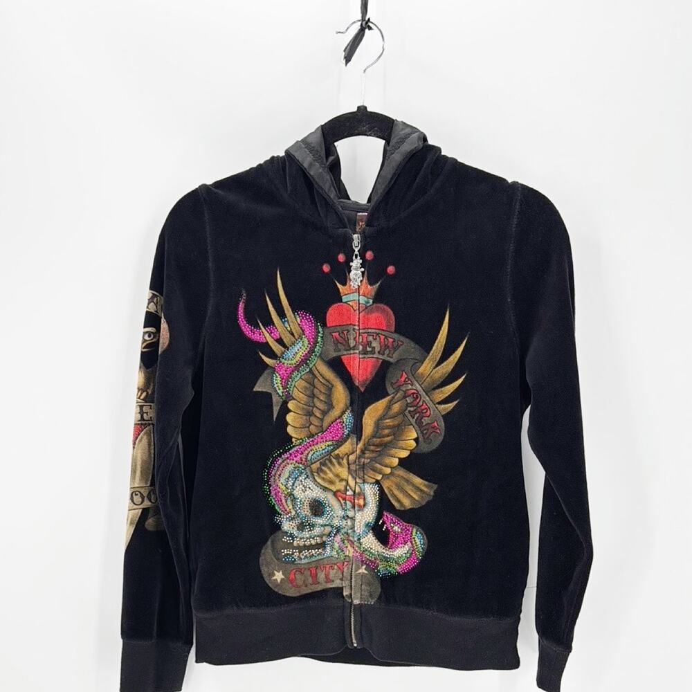 Vintage Y2K Ed Hardy Christian Audigier Full Zip Velour Hoodie Rhinestone size L
